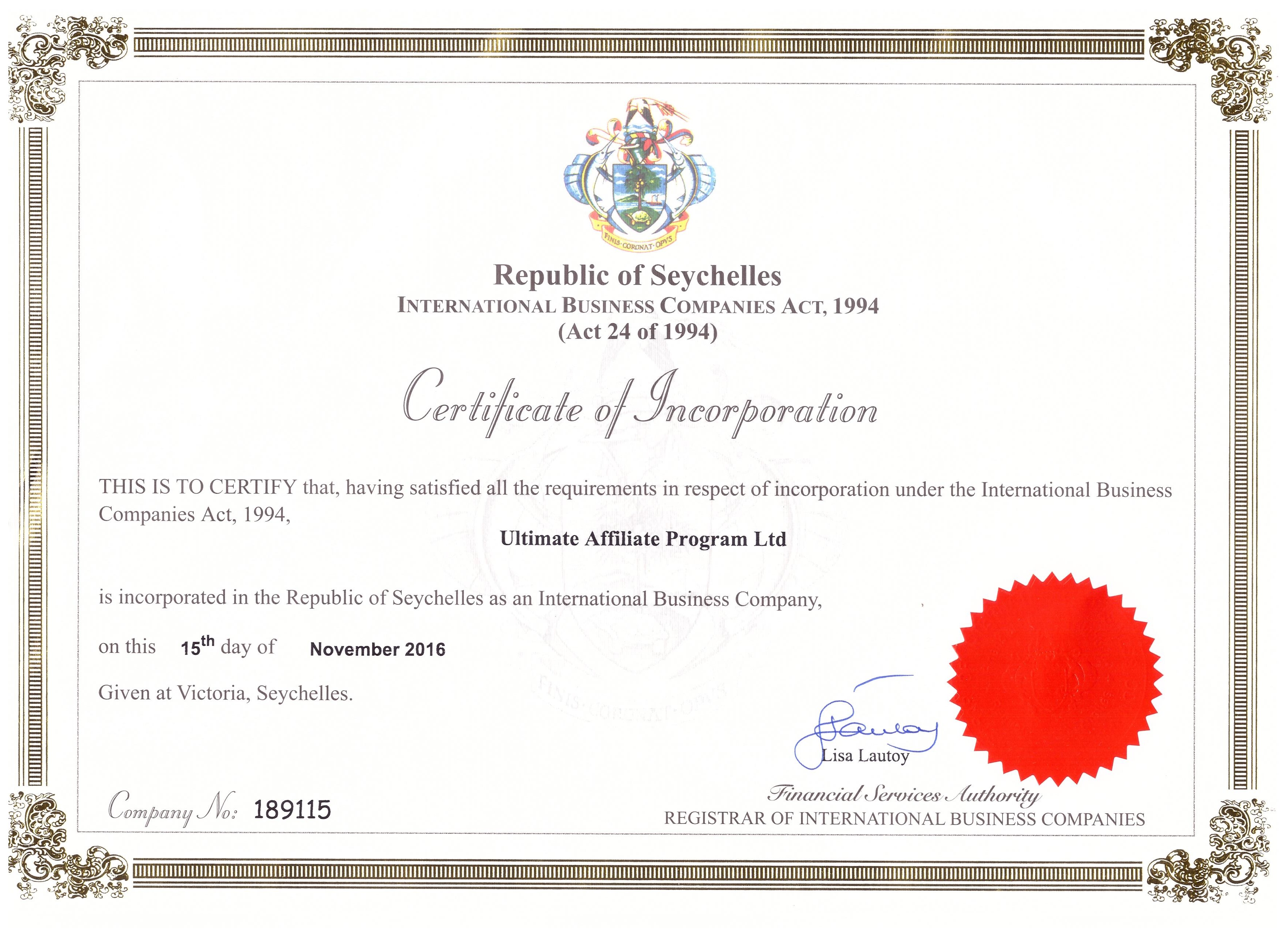 Certificat of Incorparation